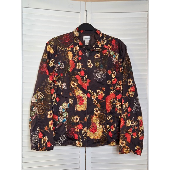 Chico's Jackets & Blazers - Chicos Floral Oriental Print Zip Jacket Size 12 Large Brown Cotton Stretch Mock